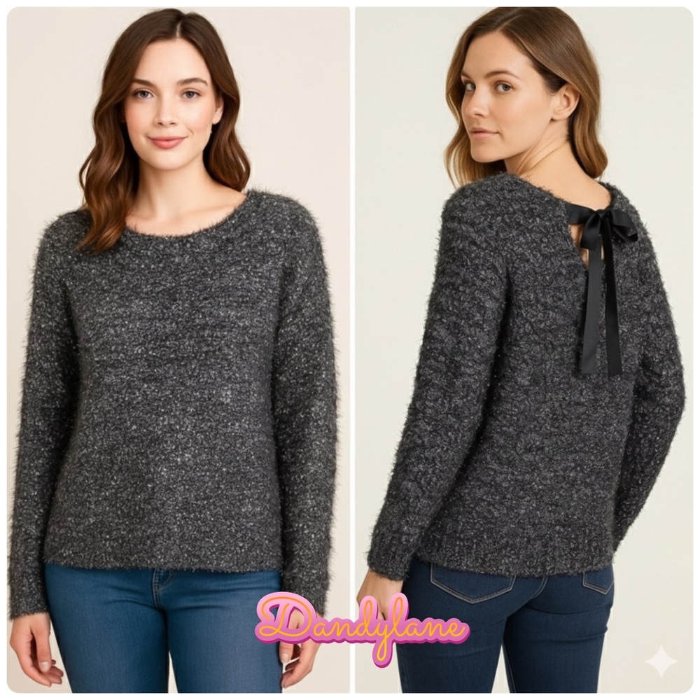 Qed London Black Ribbon Tie Back Silver Sparkle Gray Holiday Sweater Si…